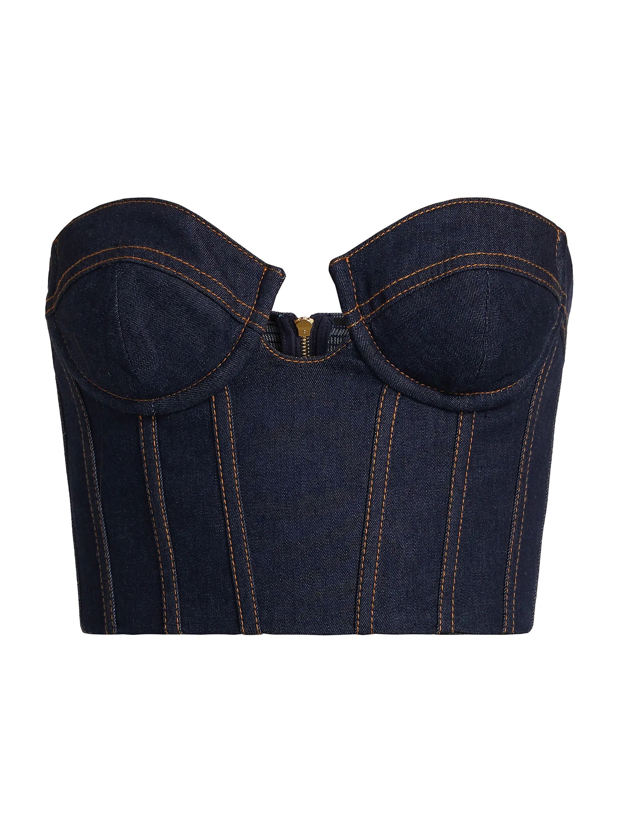 oc11z1025 Crush Denim Corset Top in Blue
