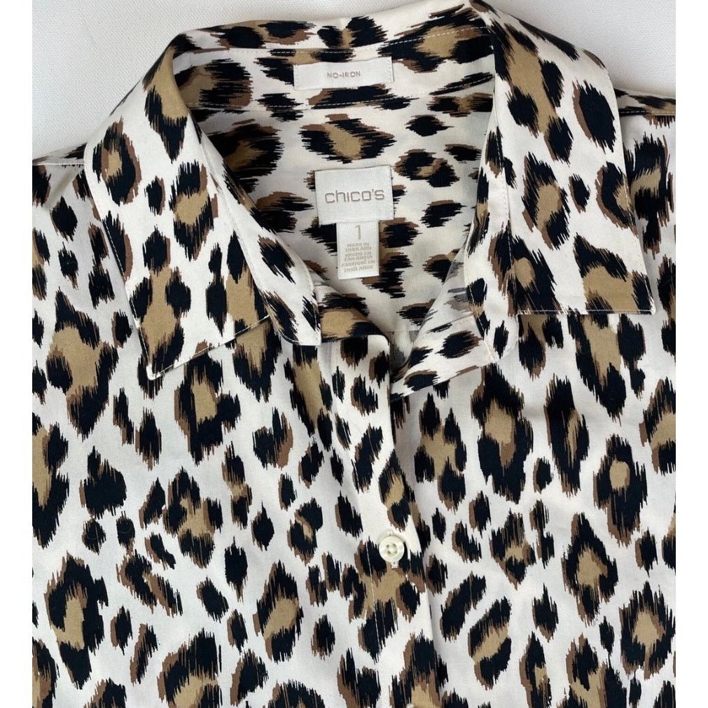 Chicos Chico’s Leopard Print No Iron Blouse Sz 1 Cotton Button Up Size M / US 6-8 / IT 42-44 - 6 Thumbnail