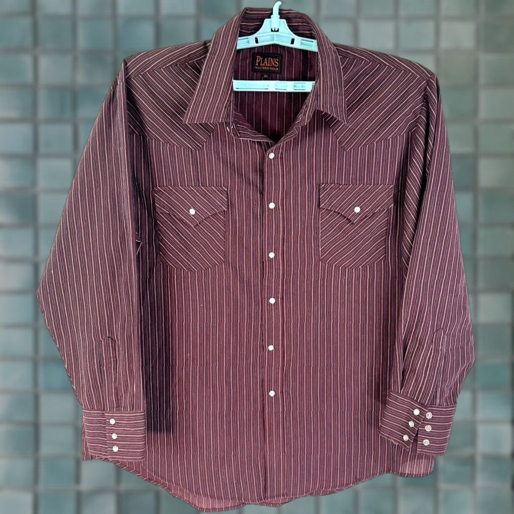 Vintage Plains Western Wear Shirt Mens XL Maroon Striped Button-Up Size US XL / EU 56 / 4 - 1 Thumbnail