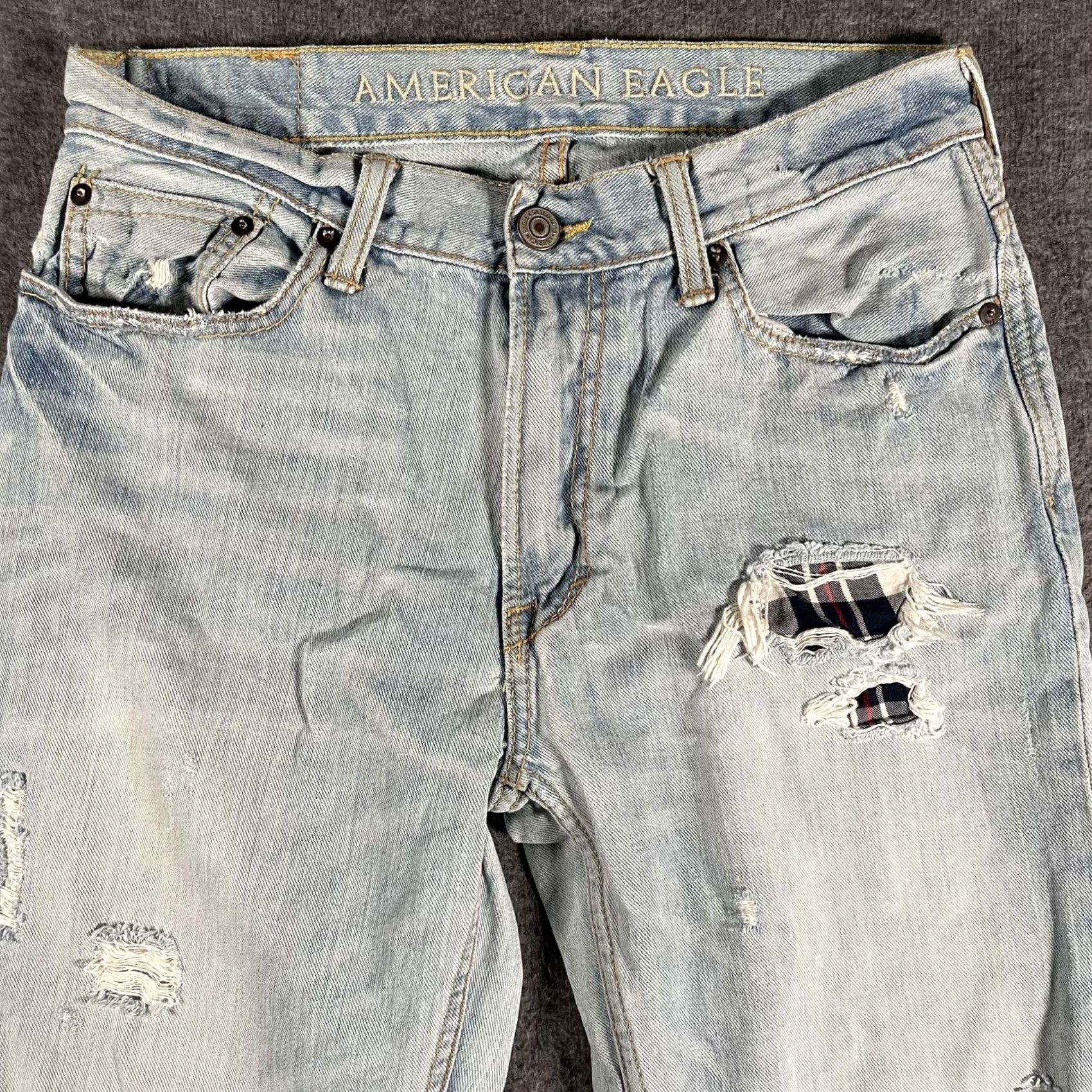Vintage American Eagle Jeans Mens 29x29 Low Loose Relaxed Straight Distressed Blue Denim Pockets Distressed Plaid Patch Y2K Thrash Live Your Life Mens Jeans Size US 29 - 2 Thumbnail