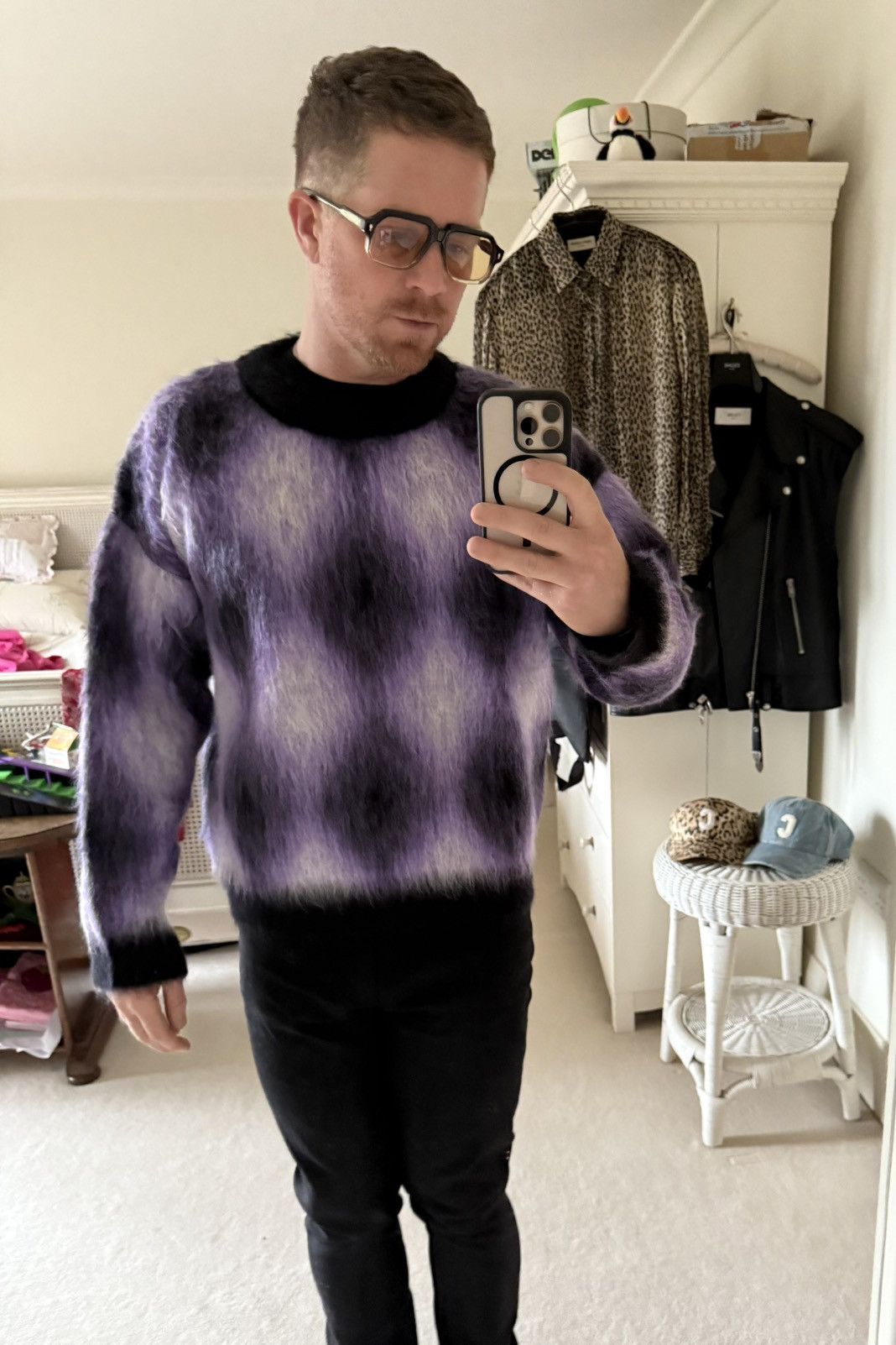 Celine $1.4k FW22 Celine argyle mohair blend fuzzy sweater M Hedi Size US M / EU 48-50 / 2 - 3 Thumbnail