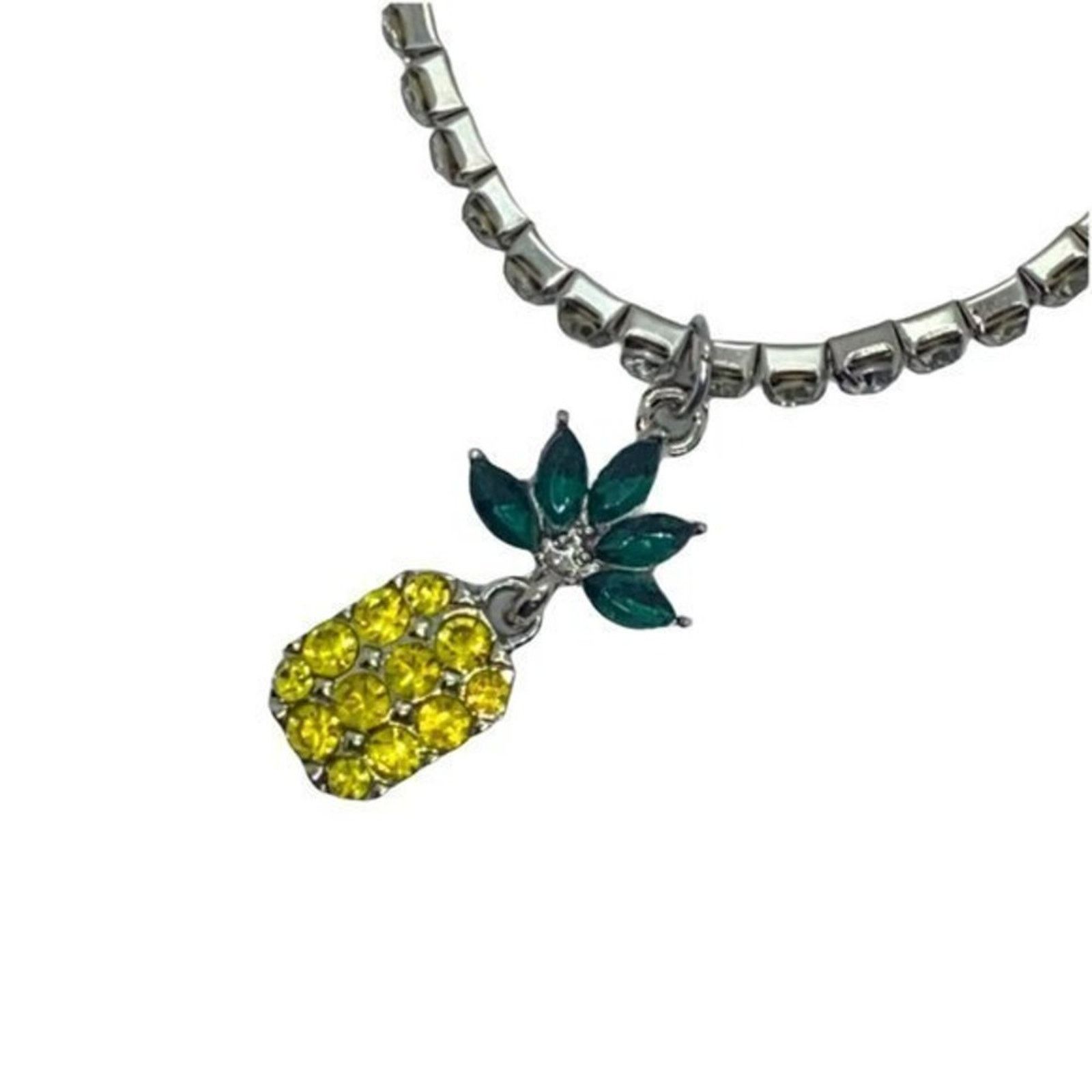 Boutique Moschino Silver Green Yellow Pineapple Rhinestone Stretch Bracelet Size ONE SIZE - 6 Thumbnail