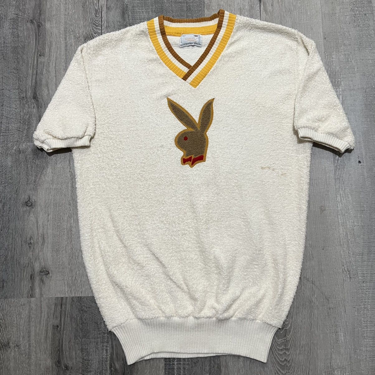 VTG 70s Playboy White Terry Cloth Short Sleeve Sweater