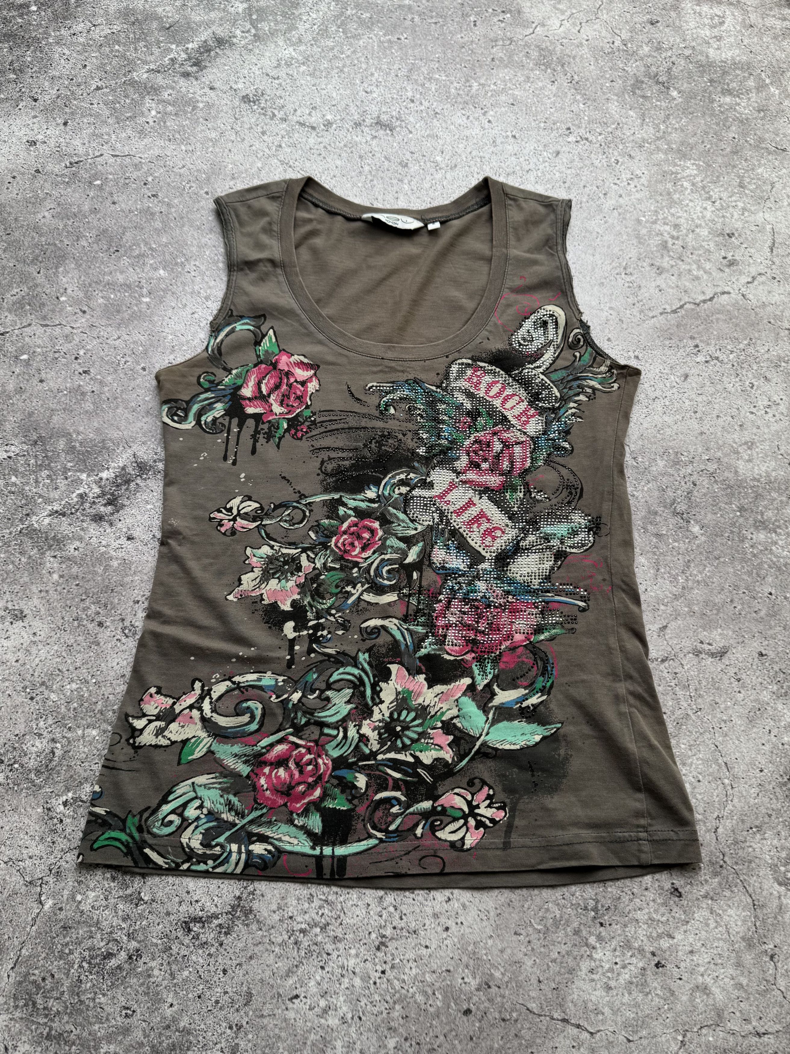 Vintage Y2K Graphic Tank Top Floral Rhinestone Tattoo Style (E8) Size S / US 4 / IT 40 - 1 Thumbnail