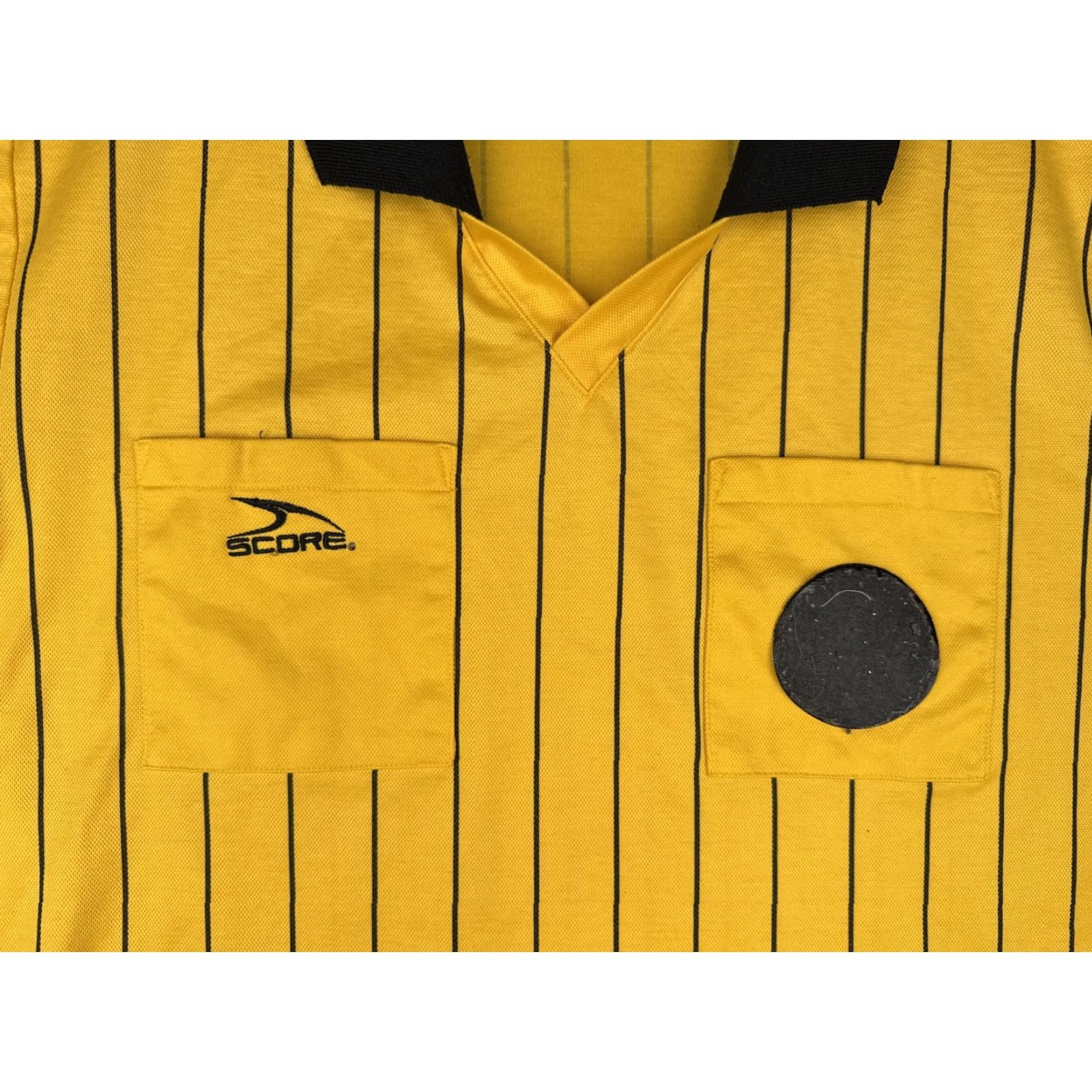 Vintage Score Referee Shirt Mens Large Yellow Black Striped Soccer Jersey Top Pockets Size US L / EU 52-54 / 3 - 6 Thumbnail