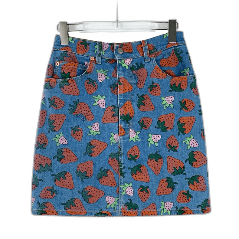 Gucci Gucci Blue Strawberry Print Denim Skirt-2506 Size 39" - 1 Thumbnail