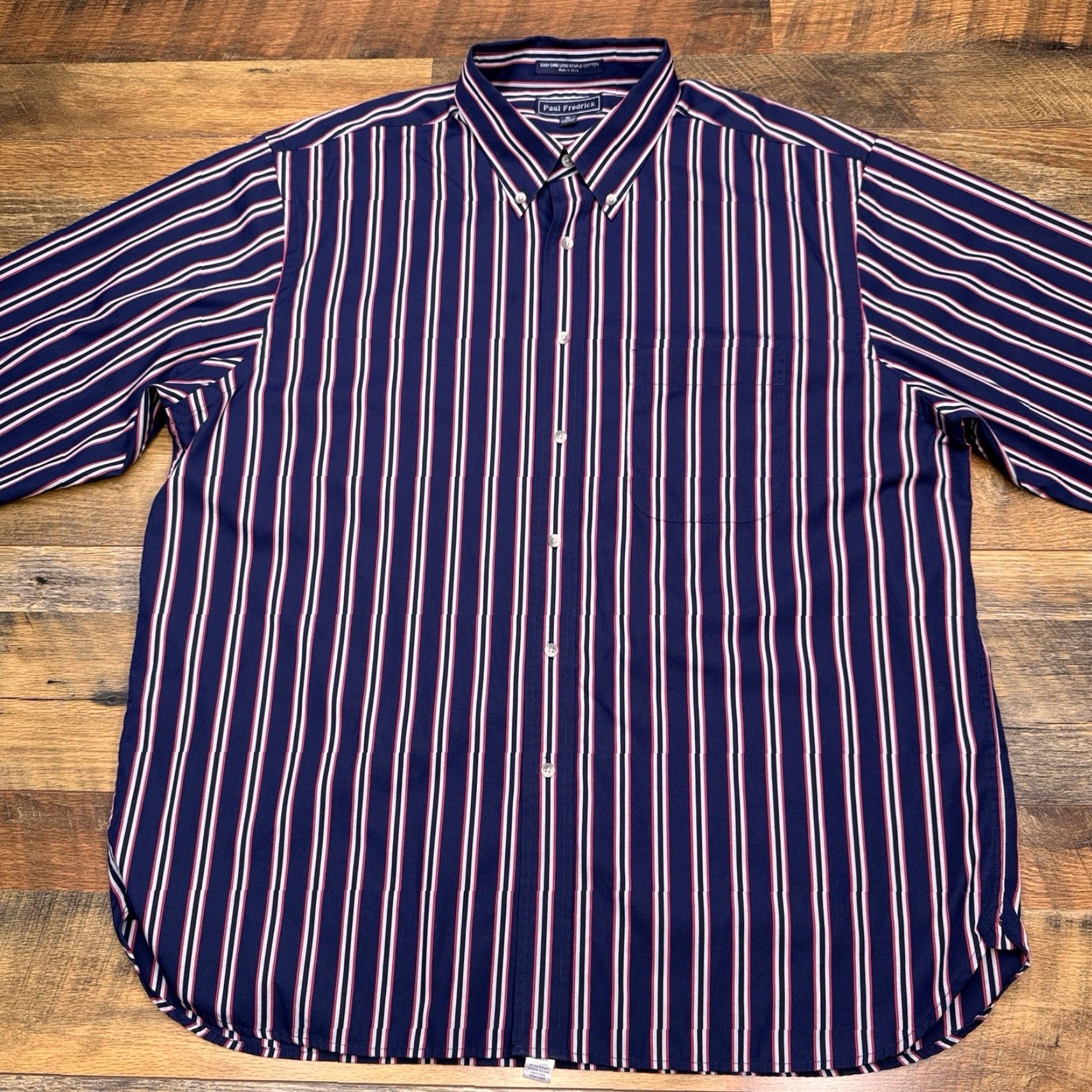Vintage Paul Fredrick Shirt Mens XL Navy Striped Button-Up Long Sleeve Collared Classic All Seasons Knit Cotton Button-Down Casual Workwear Size US XL / EU 56 / 4 - 3 Thumbnail