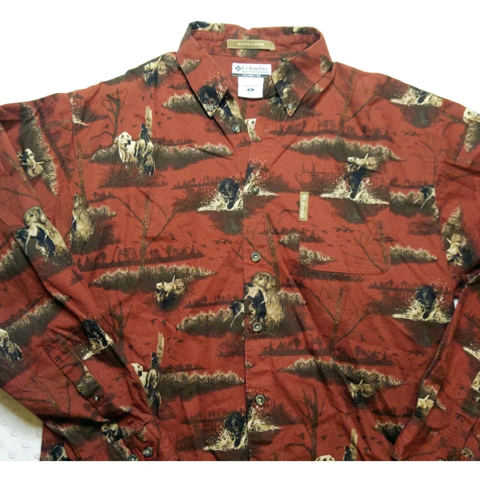 Vintage Columbia River Lodge Shirt Mens M Rust Red Corduroy Button-Down Dog Hunting Animal Print Size US M / EU 48-50 / 2 - 3 Thumbnail