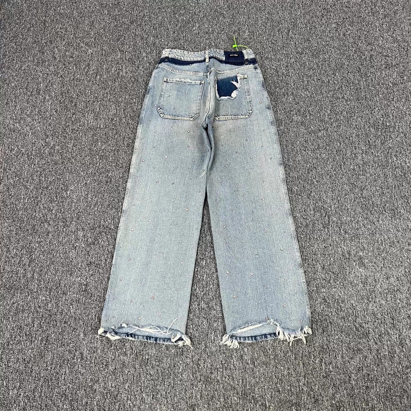 Miu Miu MIUMIU Lt.Blue Crystal Distressed Wide Leg Jean US25 99N Size 25" / US 0 / IT 36 - 2 Thumbnail
