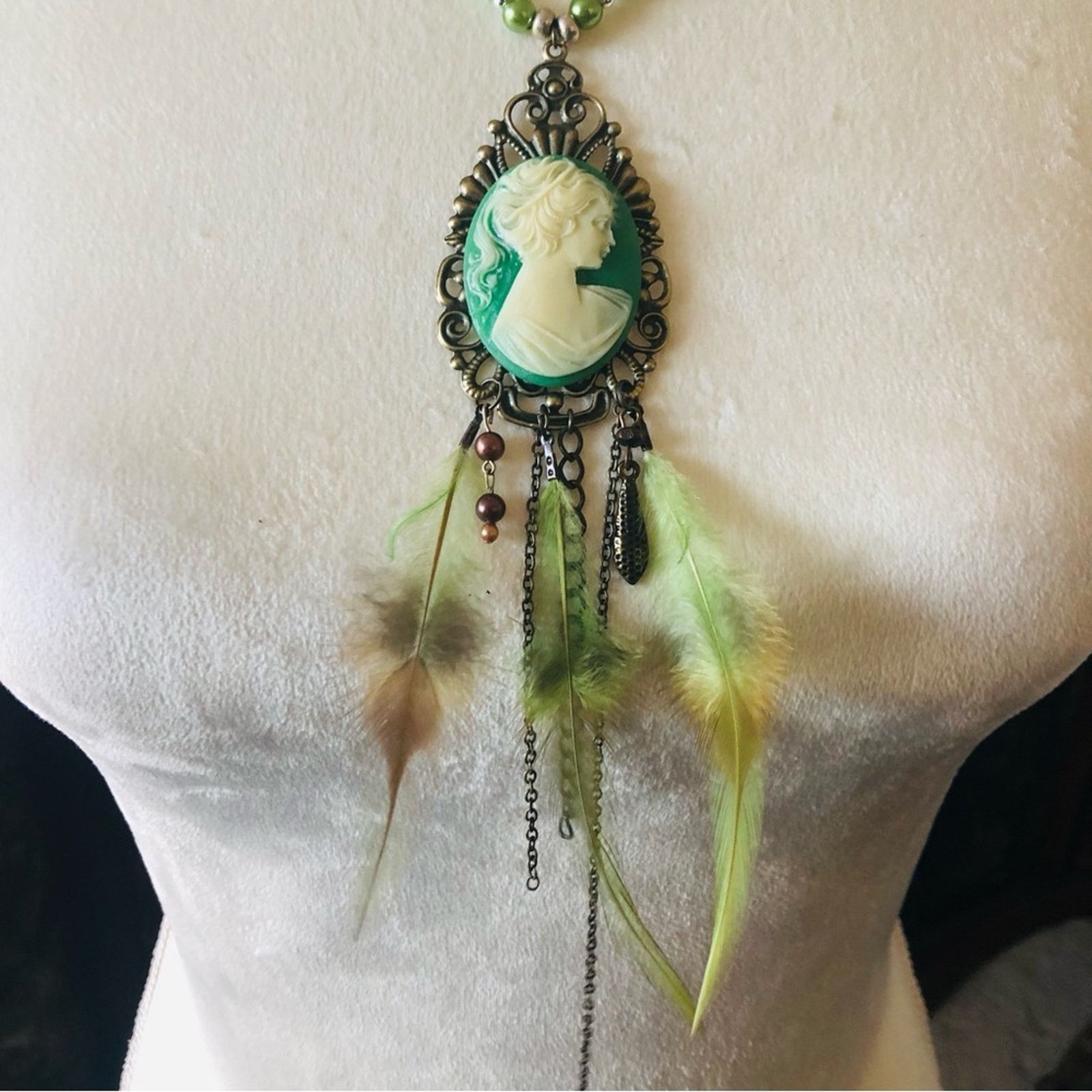 Handmade Handcrafted filigree green cameo genuine malachite necklac Size ONE SIZE - 5 Thumbnail