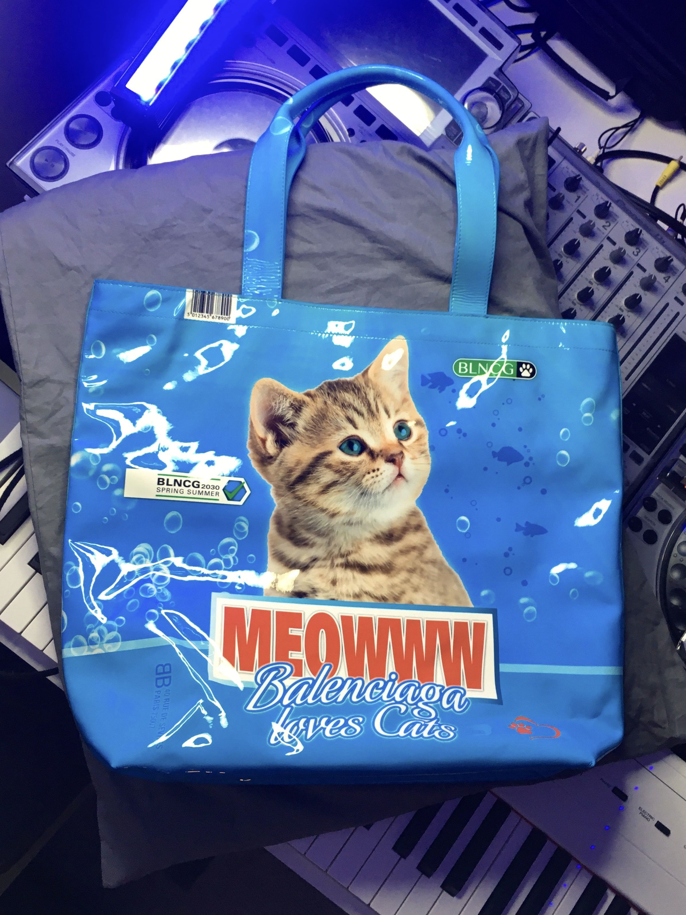 image of Balenciaga Meowww Cat Patent-Leather Tote Bag in Blue, Women's