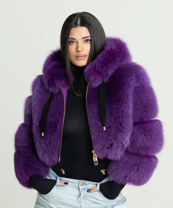 Other Women’s Purple Fox Fur Hooded Bomber Jacket Size L / US 10 / IT 46 - 2 Thumbnail