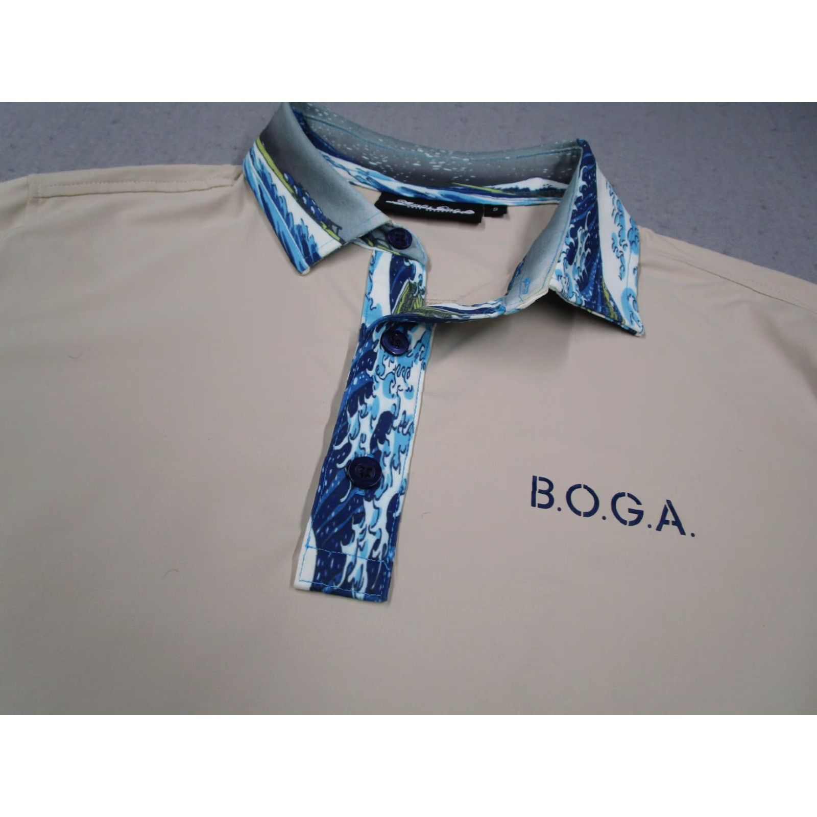 Vintage Bombs Only Polo Shirt Mens Small Beige Blue Wave Collar Stretch Size US S / EU 44-46 / 1 - 2 Thumbnail