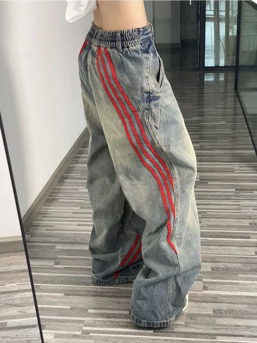 Japanese Brand Retro American striped patchwork straight-leg jeans Size 30" / US 8 / IT 44 - 2 Thumbnail