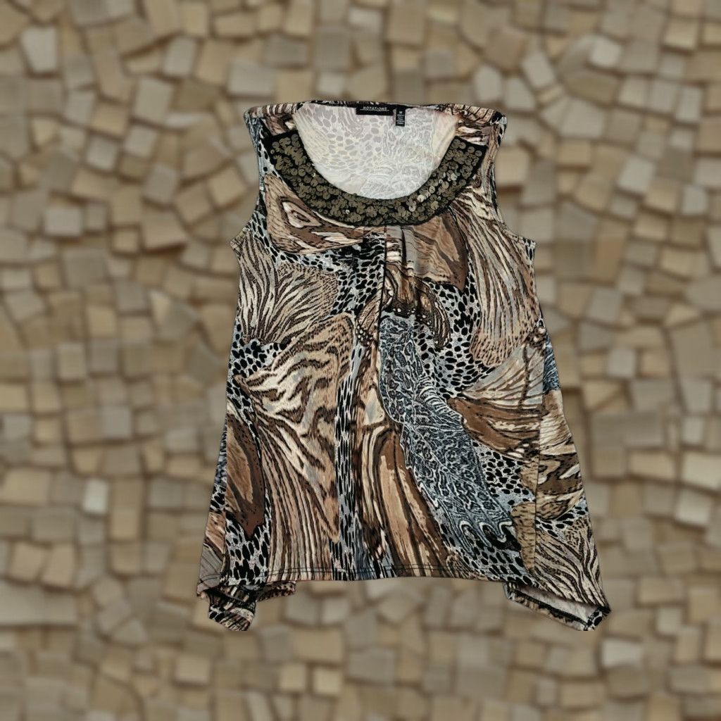 Vintage Notations Sleeveless Top Women's Brown Animal Print Beads Scoopneck M Swing Shirt Casual Size M / US 6-8 / IT 42-44 - 1 Thumbnail