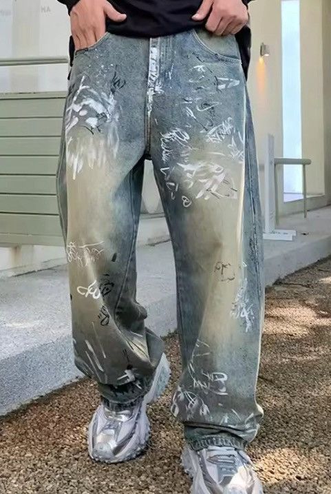 Jean Graffiti-Print Wide-Leg Denim Pants | Oversized Streetwear Size US 30 / EU 46 - 5 Thumbnail