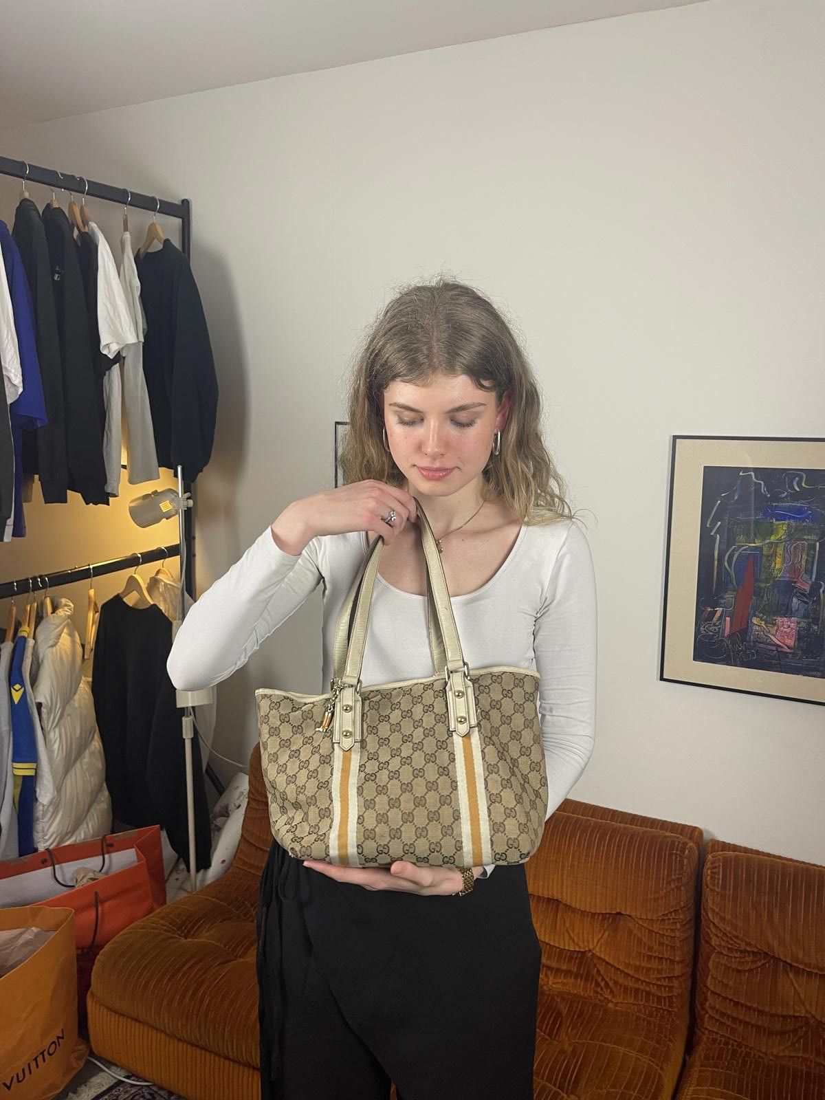 Gucci Gucci - Beige Monogram Tote Bag with White Stripes Size ONE SIZE - 4 Thumbnail