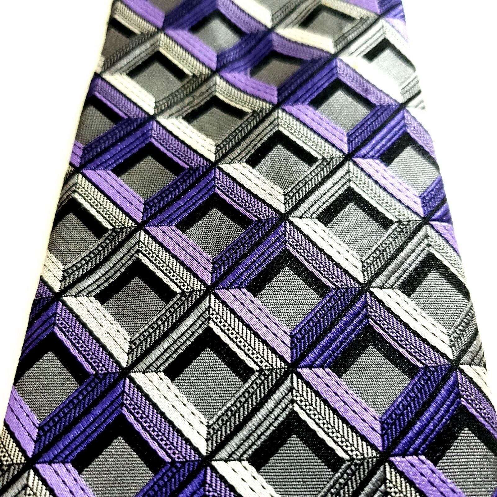 Joseph Abboud Joseph Abboud Gray Purple Geometric Woven Silk Tie Size ONE SIZE - 2 Thumbnail