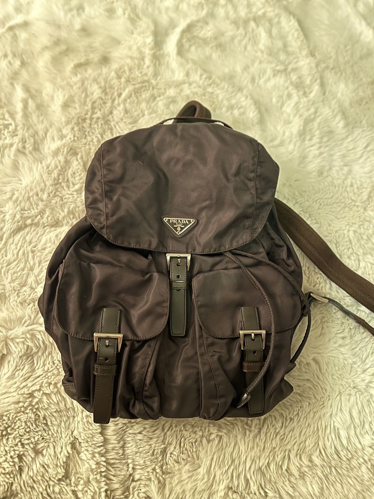 image of Prada Nylon Leather Backpack in Brown, Women's