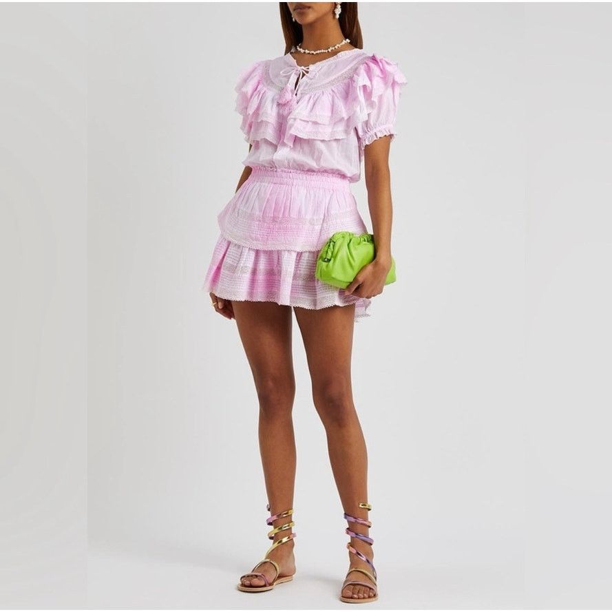 LoveShackFancy LoveShackFancy Women's XL Pink Eyelet Ruffle Mini Dress Size XL / US 12-14 / IT 48-50 - 2 Thumbnail