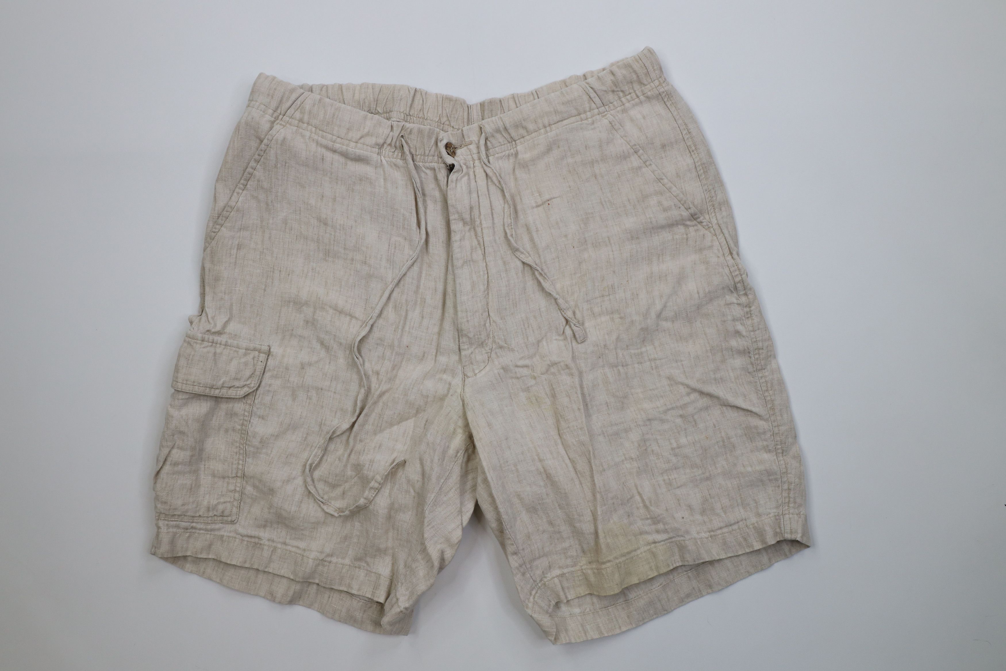 Vintage Vintage 90s Streetwear Linen Cargo Shorts Oatmeal Brown Size US 34 / EU 50 - 1 Thumbnail
