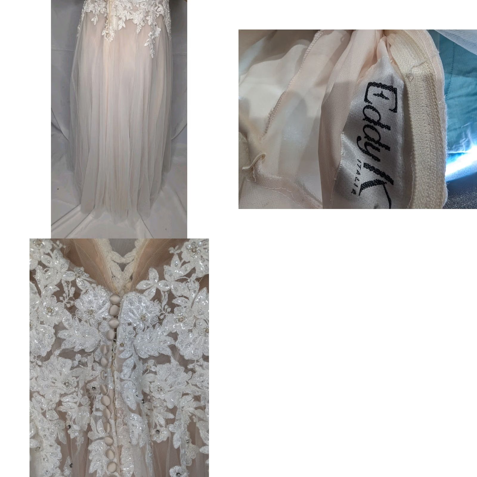 Vintage Eddy K. A-Line Lace Beaded Wedding Dress Gown Champagne Small 2 Size ONE SIZE - 10 Thumbnail
