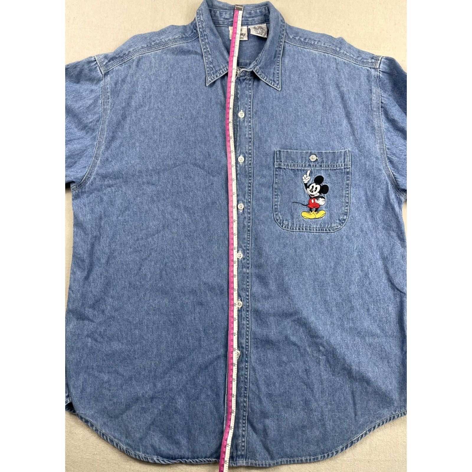 Disney VINTAGE Mickey Inc Shirt Denim 90s Button-Up Adult L Short Sleeve Blue Embroidered Mickey Pocket Size US L / EU 52-54 / 3 - 7 Thumbnail