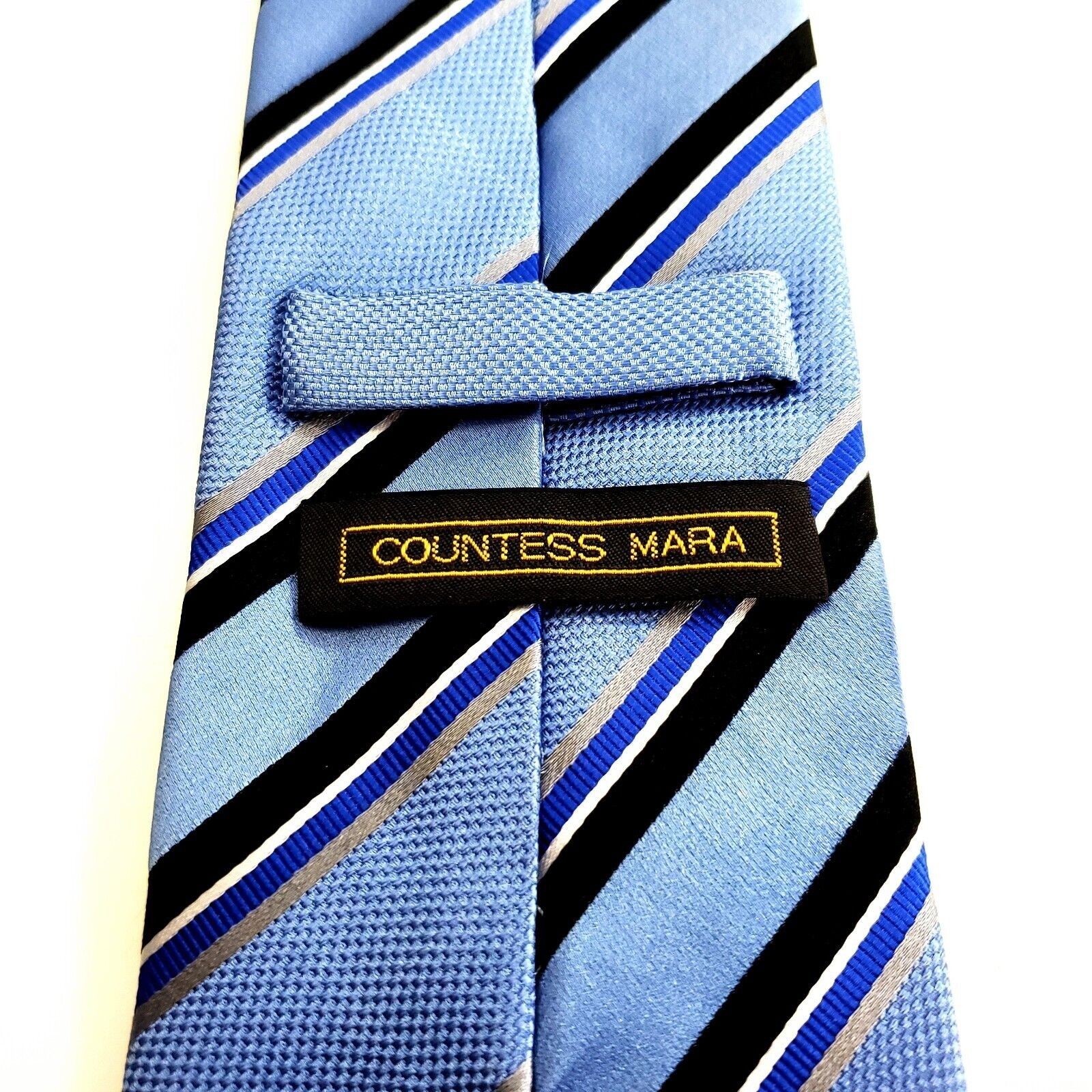 Countess Mara Countess Mara Blue Black Striped Woven Silk Tie Size ONE SIZE - 3 Thumbnail