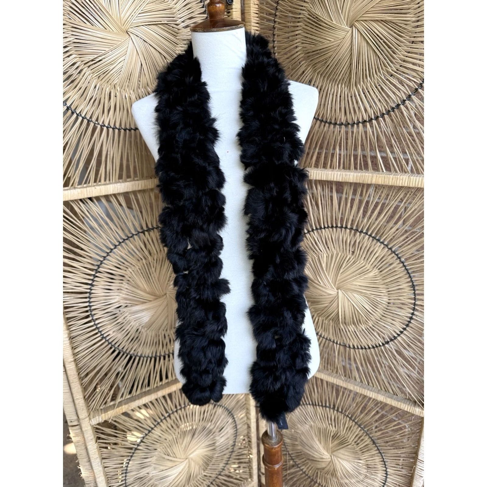 Vintage VINTAGE Cejon Scarf Women Black Fur Pom Pom Neck Warmer 60cm Festival Y2K Glam Size ONE SIZE - 2 Thumbnail