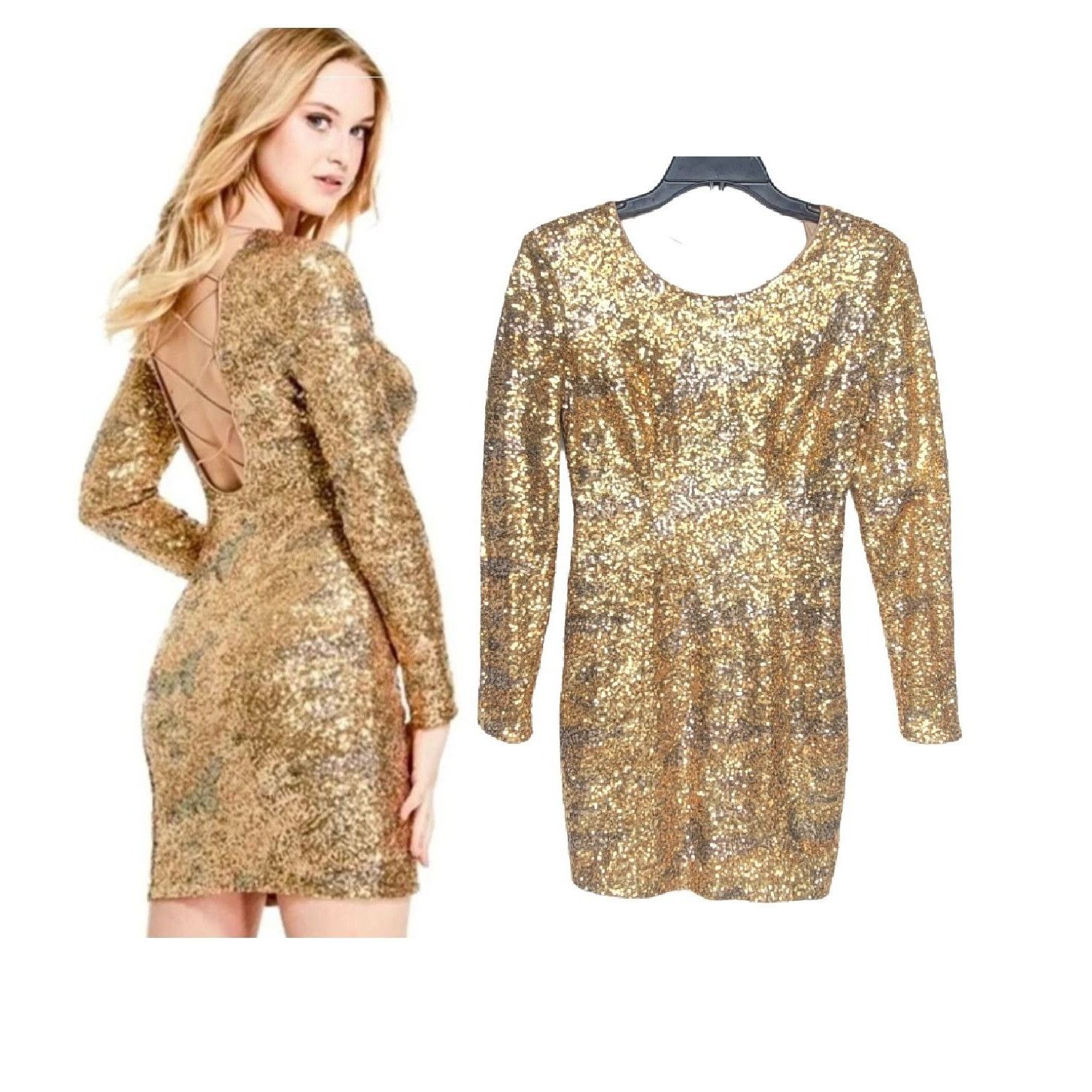 Guess ⭐GUESS Klara Womens Sz 4 Gold Bronze Sequin Dress Elastic Cr Size S / US 4 / IT 40 - 1 Thumbnail