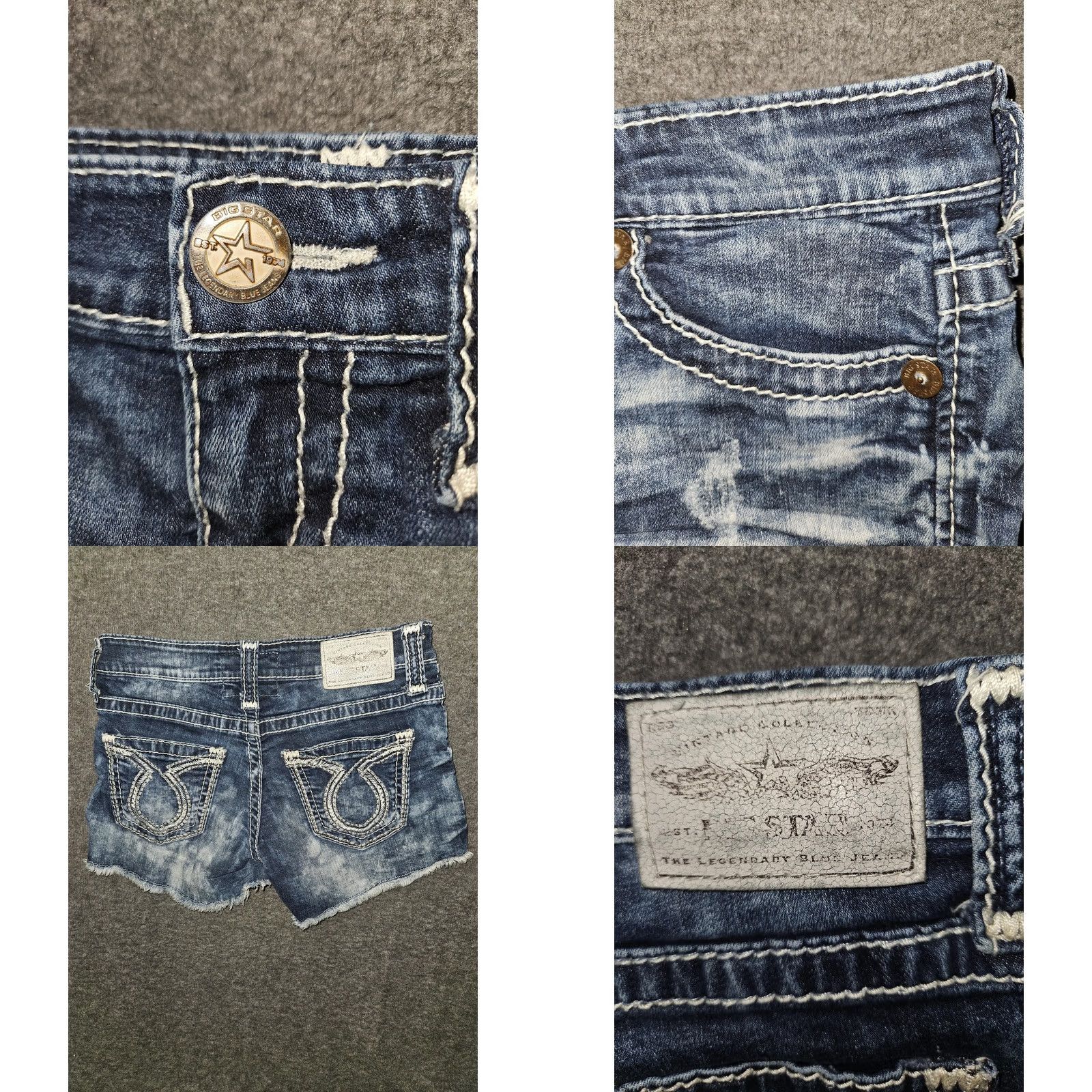 Denime VINTAGE Big Star Liv Shorts Womens 26 Blue Distressed Denim Frayed Cut-Off Raw Hem Summer Casual Pockets Logo 4 Inseam Size 26" / US 2 / IT 38 - 8 Thumbnail