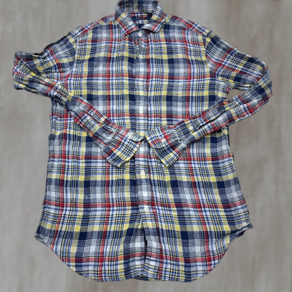 Polo Ralph Lauren Vintage Polo Ralph Lauren Shirt Men Small Blue Red Plaid Button-Up Linen Dress Casual Elegant Size 36R - 1 Thumbnail
