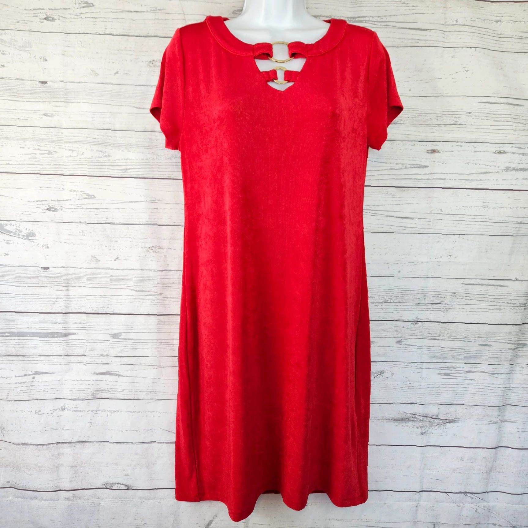 Vintage Chico's Travelers Womens Dress Sz M Solid Red Short Sleeve Slinky Knee Length Shift Vintage No Size 32" / US 10 / IT 46 - 2 Thumbnail