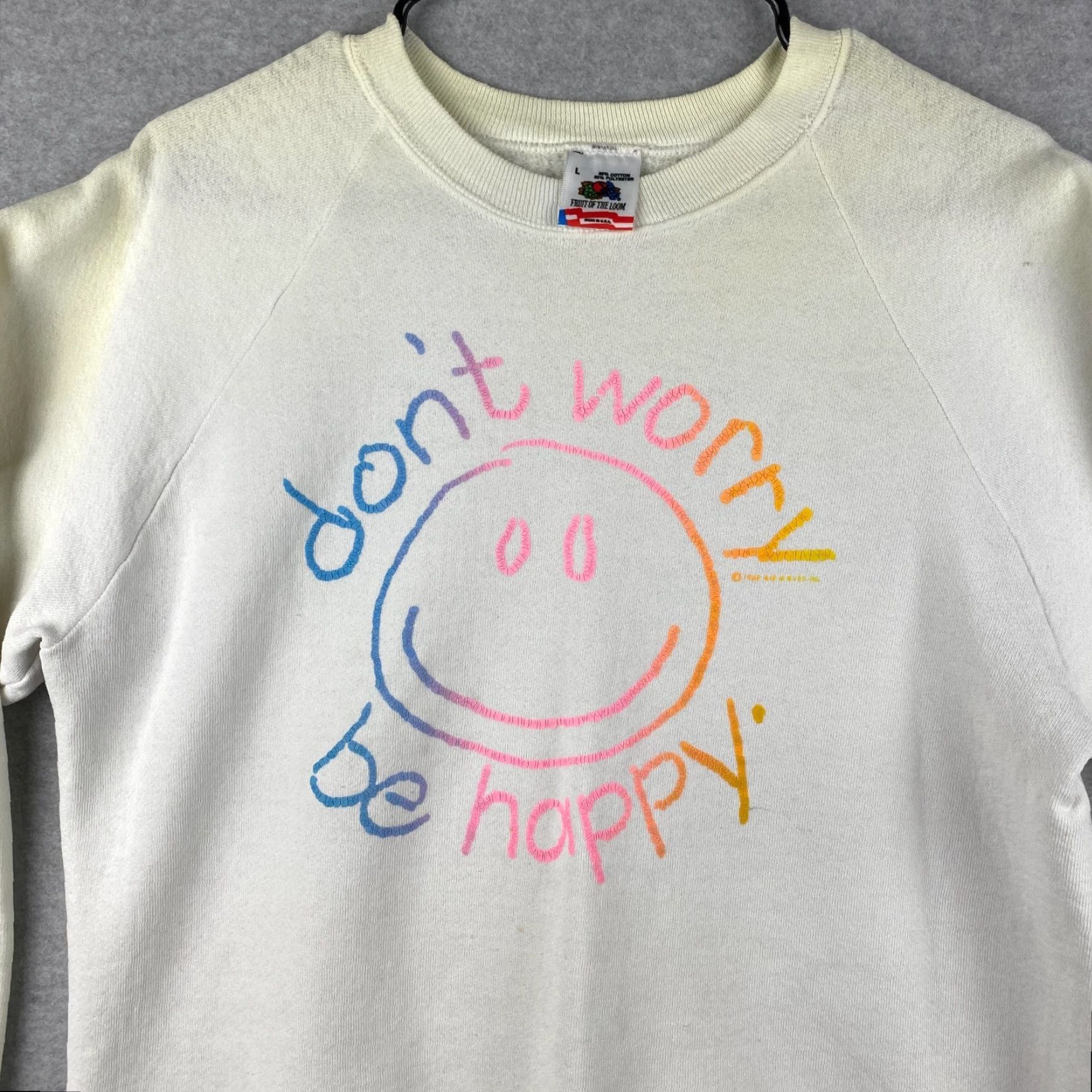 Fruit Of The Loom Fruit Of The Loom Sweater Mens Large White Dont Worry Be Happy USA Made Size US L / EU 52-54 / 3 - 2 Thumbnail