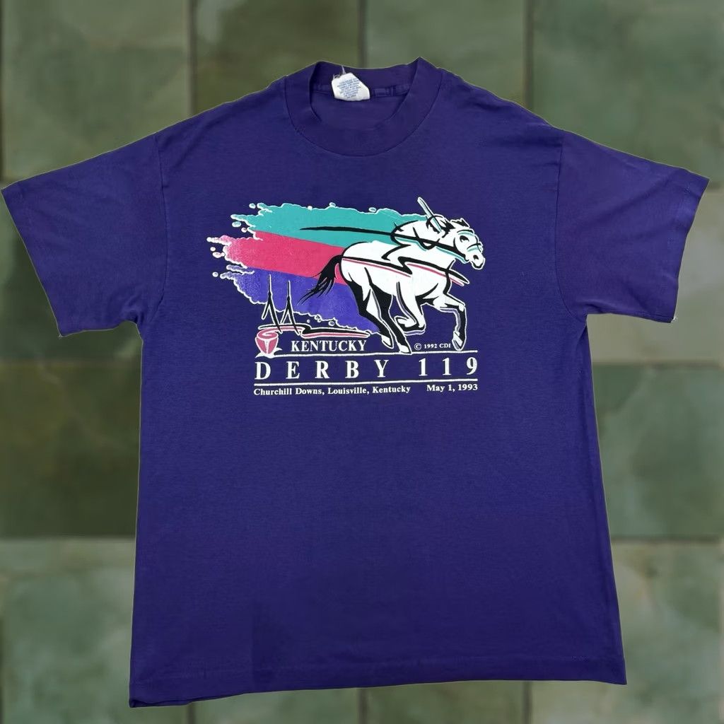 Vintage VINTAGE Kentucky Derby T Shirt Derby 119 Horse Racing 1993 USA 90s Mens L Purple Cotton Polyester Crew Neck Short Sleeve Trench USA Horse 90s Size US L / EU 52-54 / 3 - 1 Thumbnail