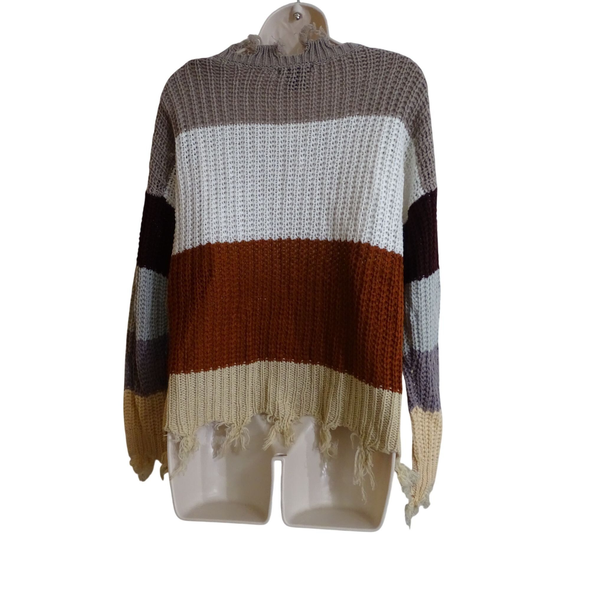 Other Runway 7 Striped Knit Sweater Brown Tan Frayed V-Neck Size M Size M / US 6-8 / IT 42-44 - 4 Thumbnail
