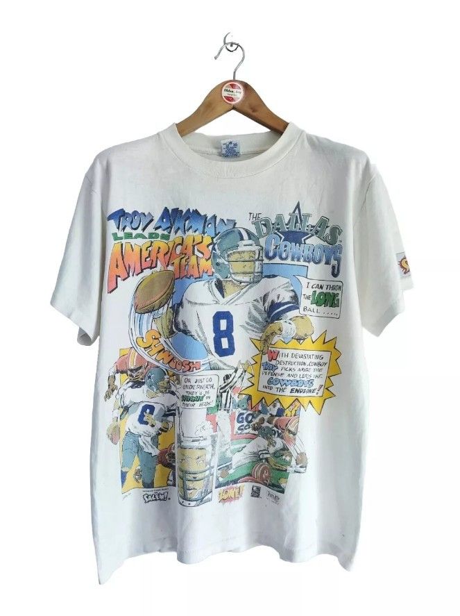 image of Salem Vintage Troy Aikman Comic Series 90's T-Shirt in White, Men's (Size Medium)