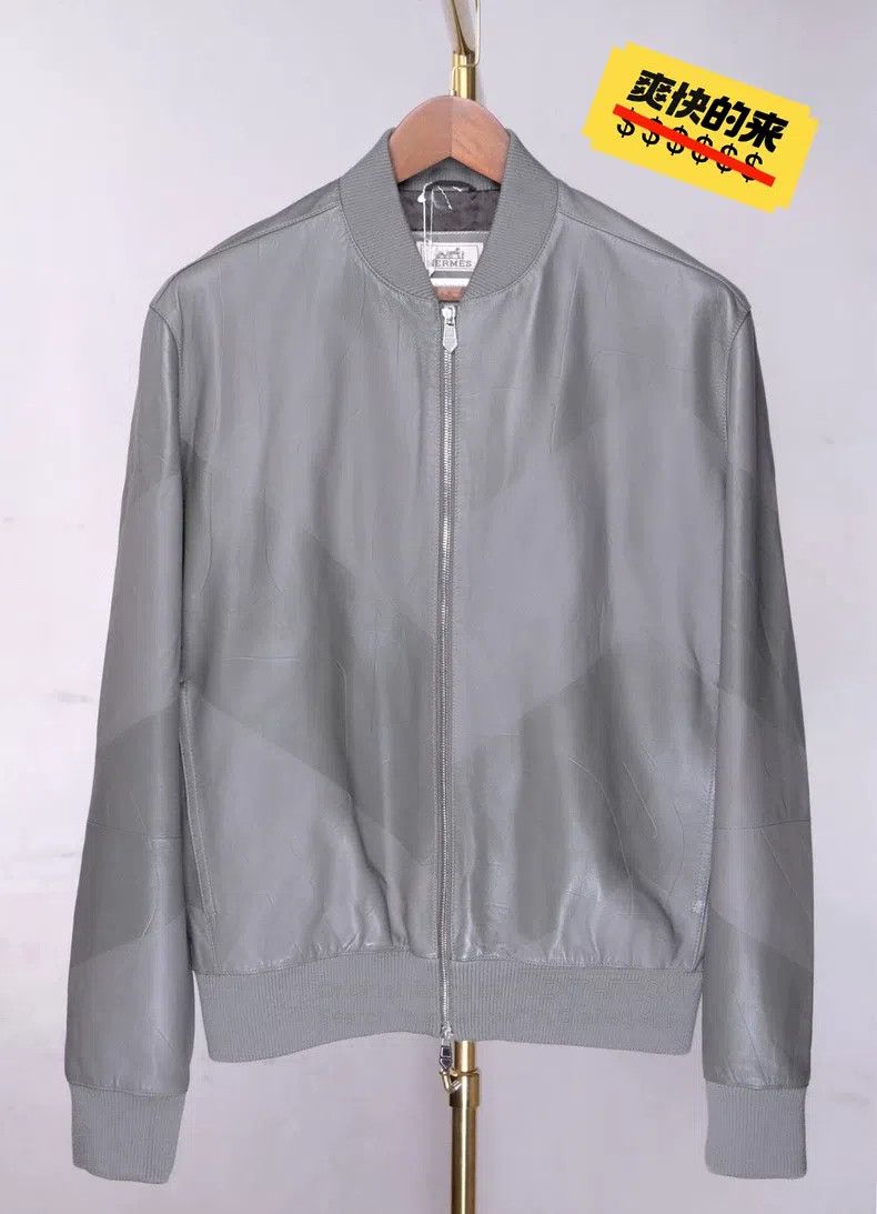 Hermes Hermes Men's Runway Grey-Green Baseball Collar Leather Jac Size US M / EU 48-50 / 2 - 1 Thumbnail
