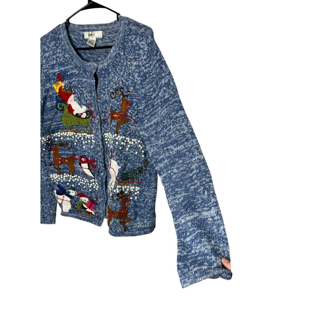 Other Vintage Kikit Christmas Holiday Sweater Blue Knit Beaded Embroidered Size XL Size XL / US 12-14 / IT 48-50 - 4 Thumbnail