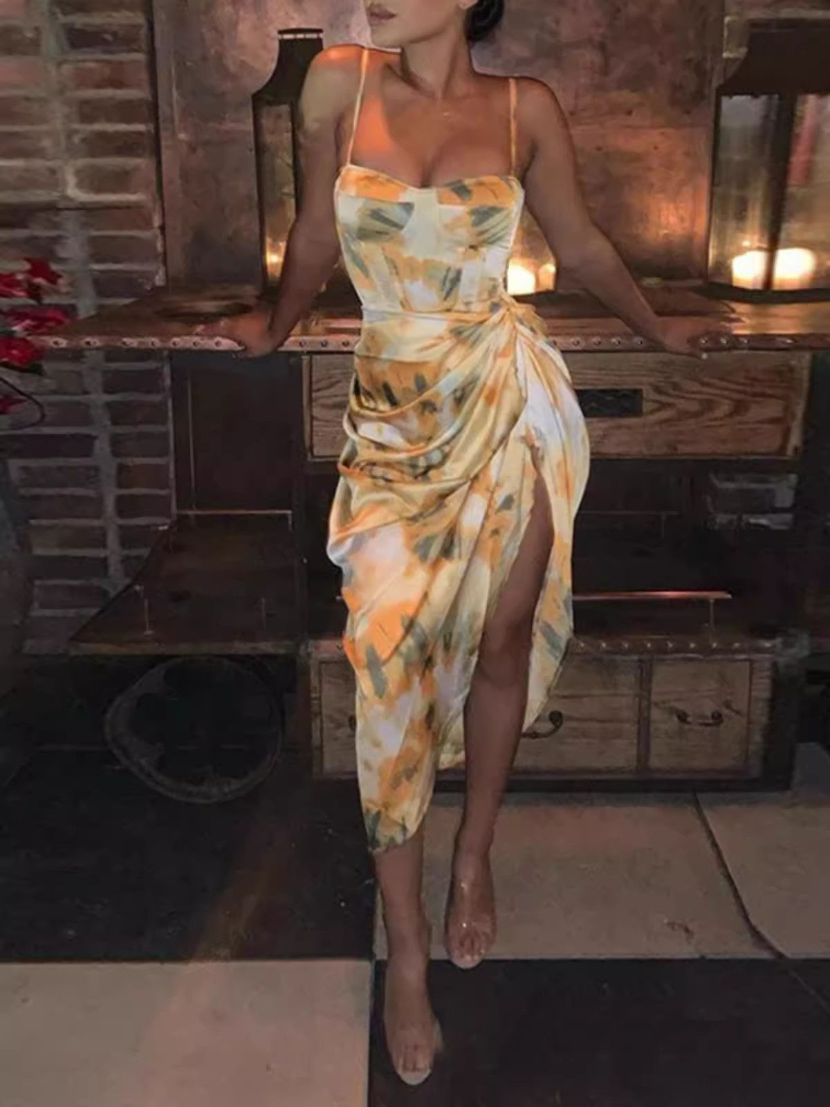 image of Vintage Sexy Slim Print Halter Dress in Yellow, Women's (Size Medium)
