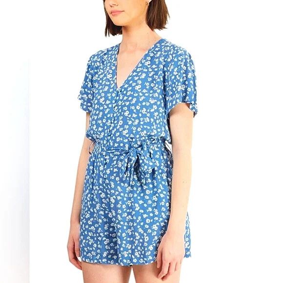 Rails Sophia Blue Daisies Short Slv V-neck Button-Up Romper Floral Size 27" / US 4 / IT 40 - 4 Thumbnail
