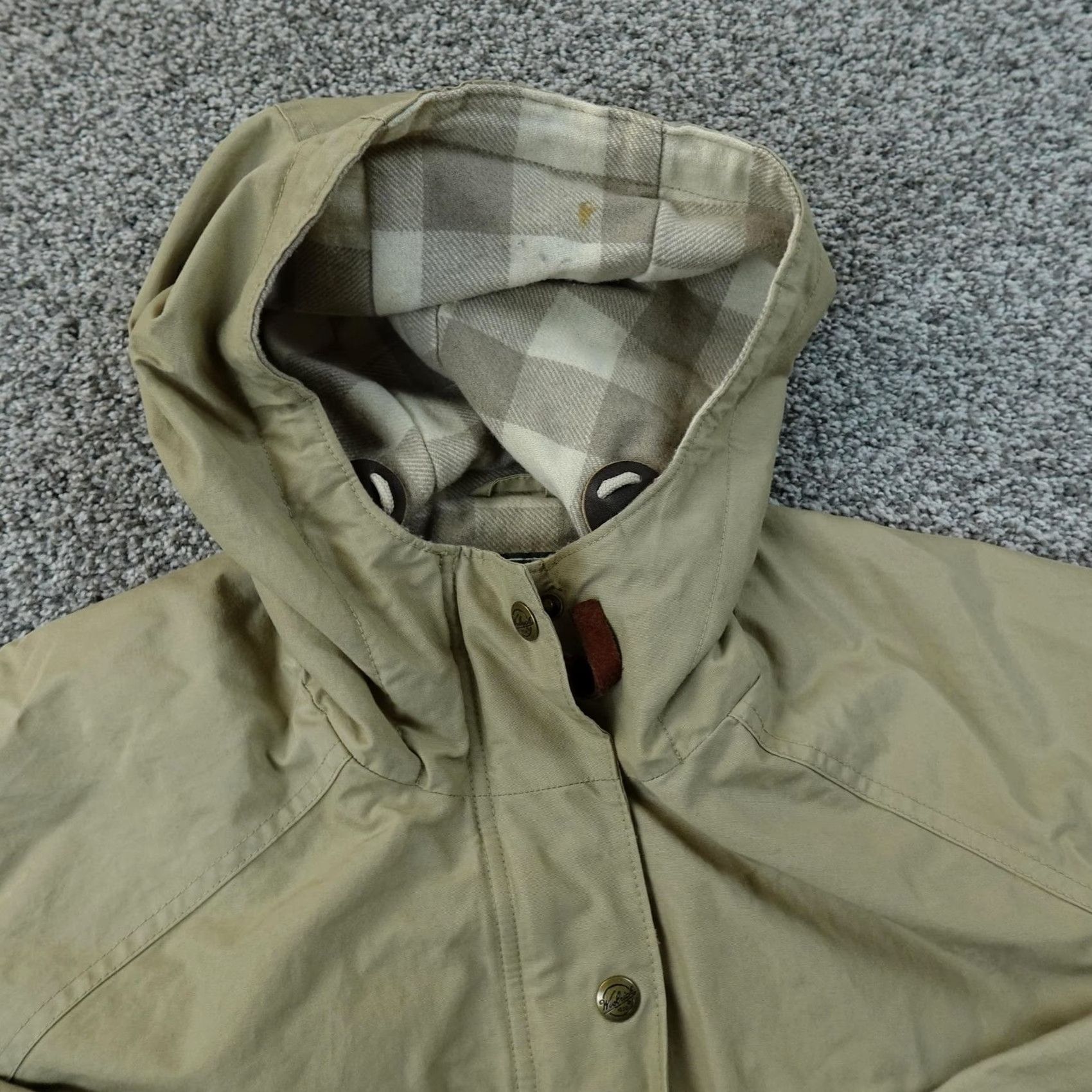 Vintage Woolrich Coat Parka Womens M Beige Twill Hooded Lined Pockets Button Logo Outdoor Casual Travel Winter Fall Size M / US 6-8 / IT 42-44 - 4 Thumbnail