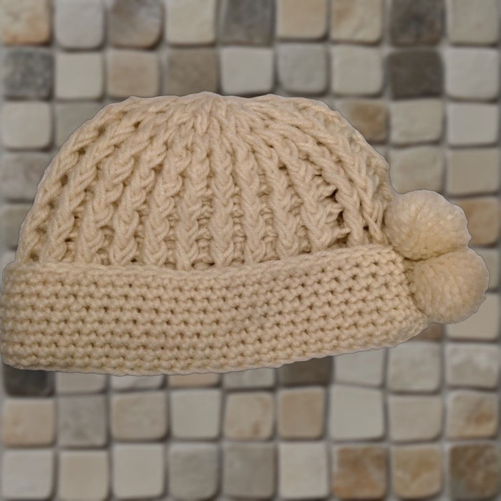 Vintage VINTAGE Beanie Knit Hat Women One Size Ivory Pom Pom Acrylic Japan #2403 Winter Hats - Womens Autumn Casual Size ONE SIZE - 1 Thumbnail
