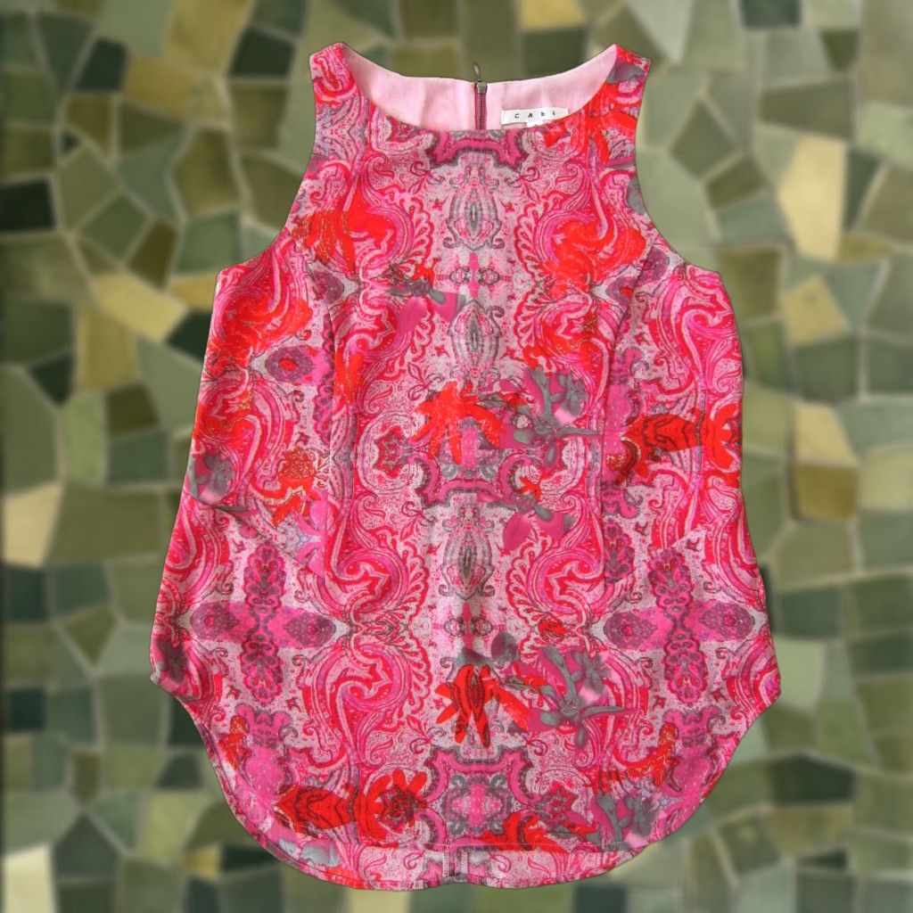 Vintage CAbi Neon Pink Orange Paisley Floral Sleeveless Tunic Tank Top Blouse Small Size S / US 4 / IT 40 - 1 Thumbnail
