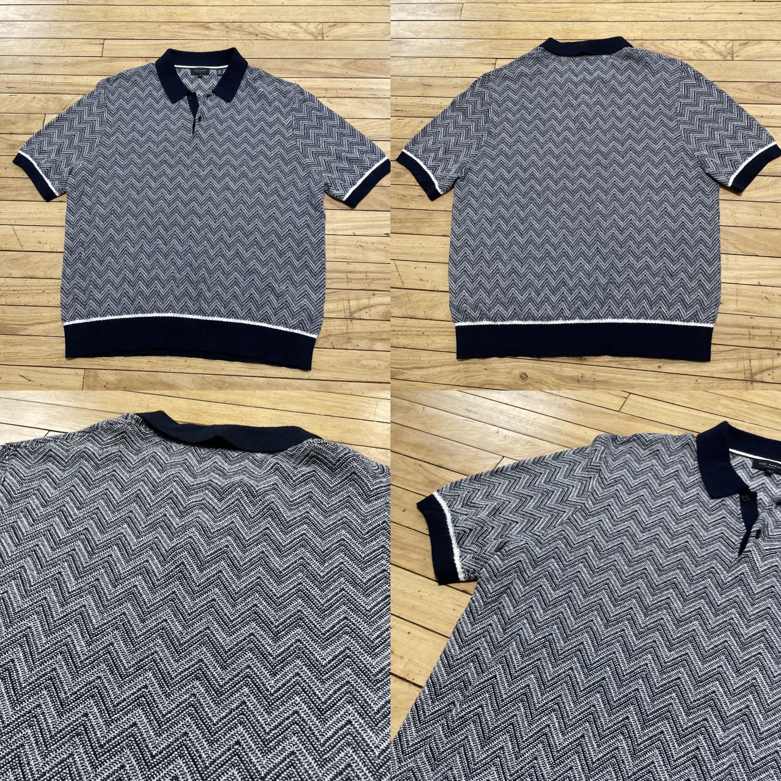 Ted Baker Ted Baker London Men 6 Waldun Navy Cream Zig Zag Stitch Polo Shirt Short Sleeve Geometric Pattern Polo Shirt Mens XS-XL Corporate Casual Dressy Size US S / EU 44-46 / 1 - 9 Thumbnail