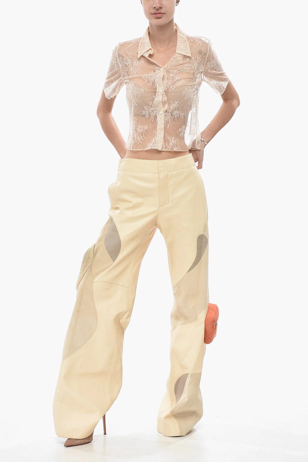 Off-White og1mm0426 Leather Palazzo Pant in Beige Size 28" / US 6 / IT 42 - 4 Thumbnail