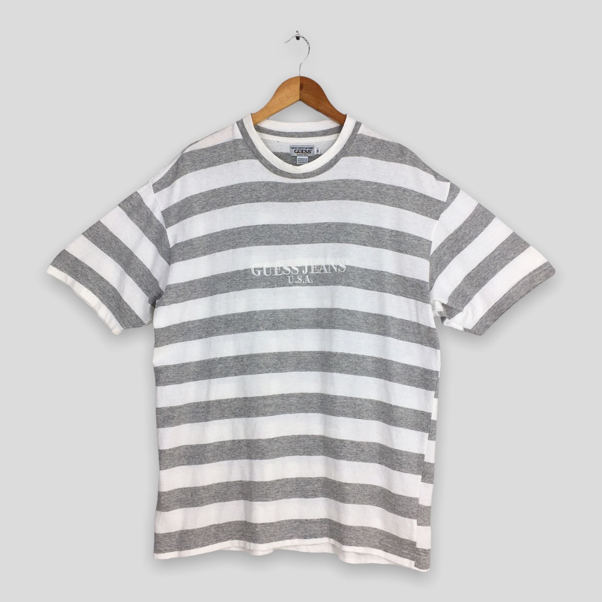 image of Vintage Guess Jeans Usa Stripes Gray T Shirt Medium in Grey, Men's