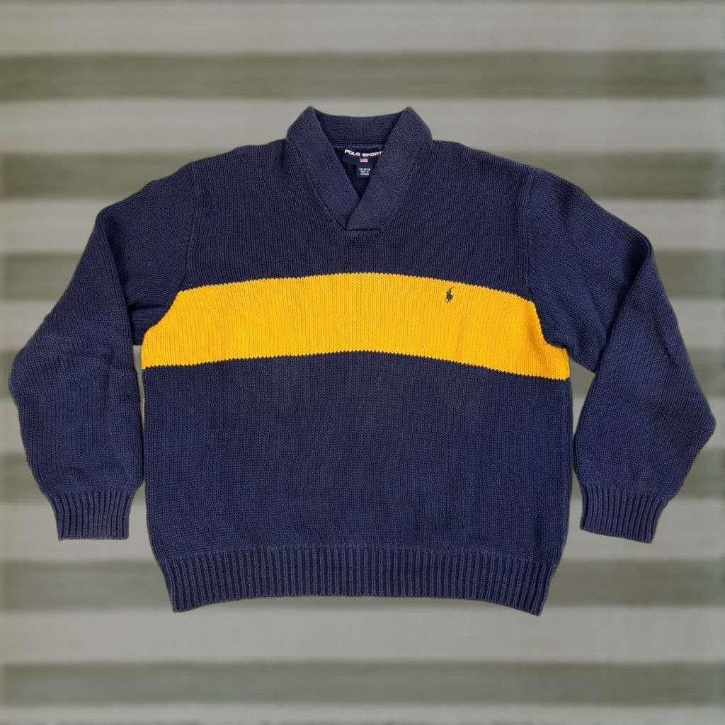 Polo Ralph Lauren VINTAGE Polo Sport Ralph Lauren Shirt Mens XL Navy Blue 90s Striped V-Neck Knit Sweater Pullover Size US XL / EU 56 / 4 - 1 Thumbnail