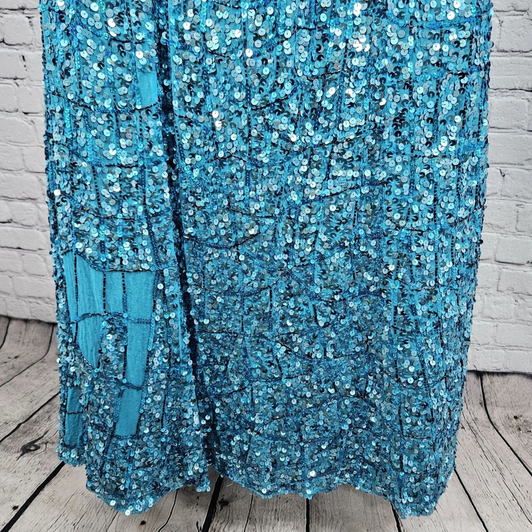 VINTAGE Precious Formals Blue 100% Silk Sequin Beaded Strapless Maxi Dress Small S Women Dress