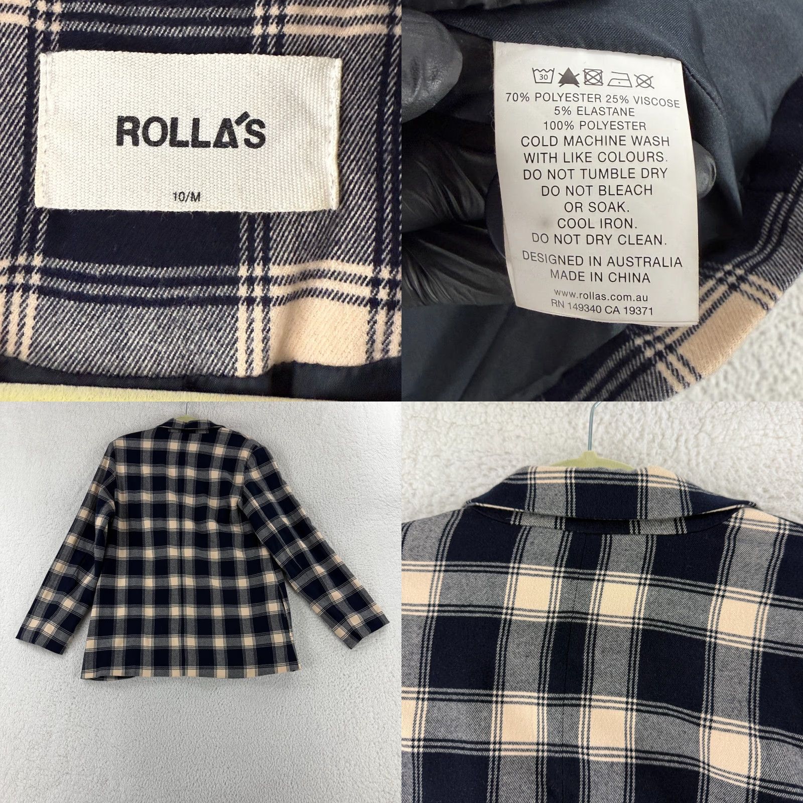 Rolla's Rolla's Check Slouch Blazer Womens Medium Blue Cream Long Sleeve Button Front Blazer Size M / US 6-8 / IT 42-44 - 8 Thumbnail
